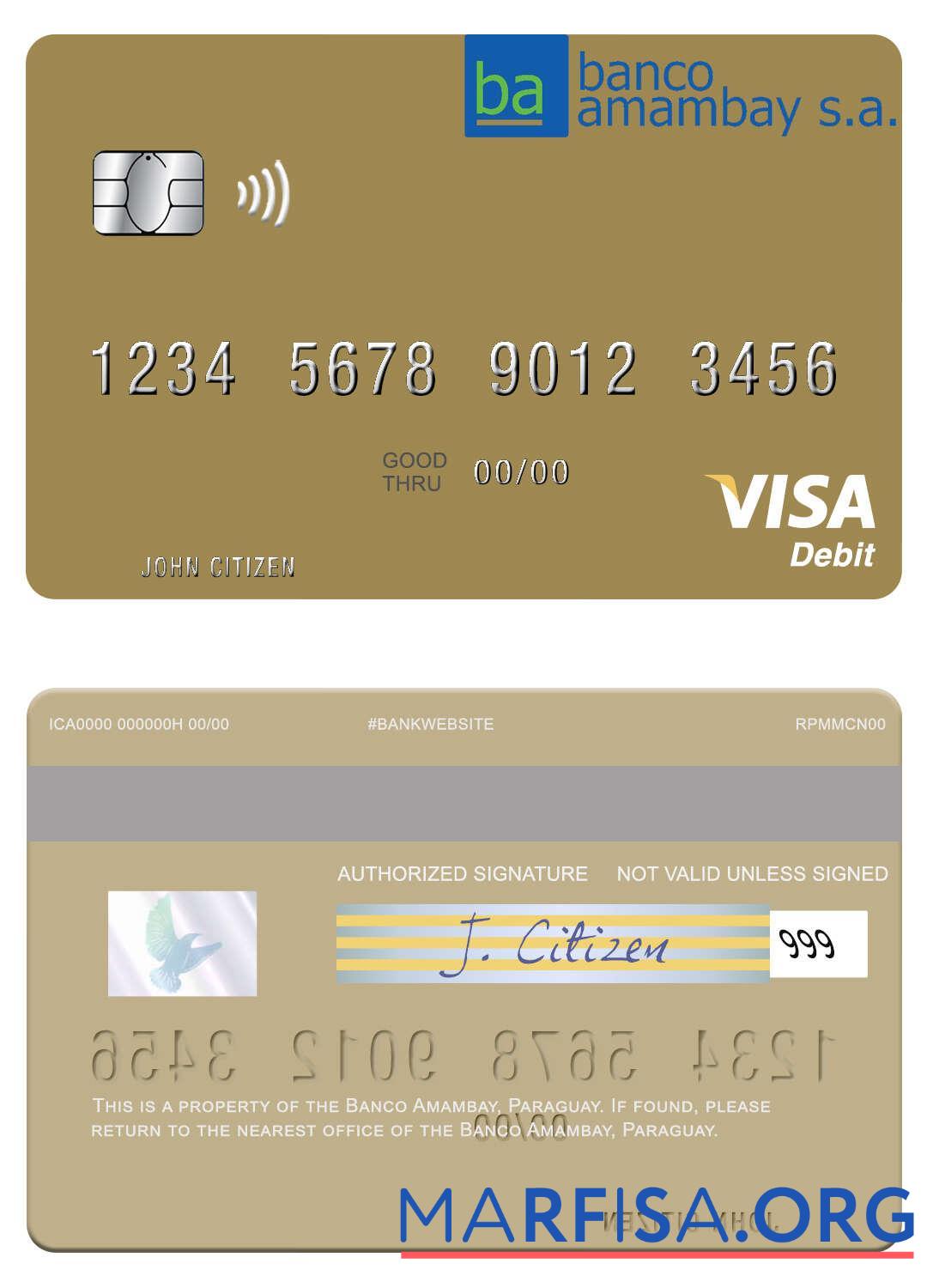 Printable Paraguay Banco Amambay visa debit card real example